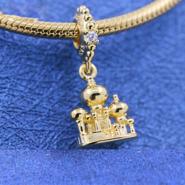 Pendentif château d'Agrabah plaqué or brillant, perle de charme pour bijoux Pandora européens, bracelets à breloques