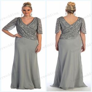 2019 Lente Nieuwe Collectie Plus Size Kralen Chiffon Moeder Van De Bruid Jurken V-hals Halve Mouw Schede Vloer Lengte moeder Dr270J