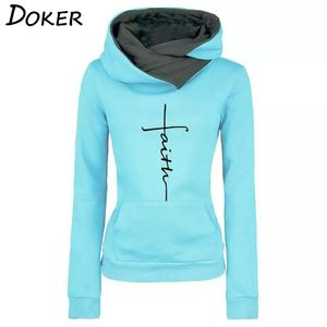 2019 Spring New Faith Embroidered Turn-down Collar Hoodies Women Sweatshirts Long Sleeve Pullover Female Casual Warm Hooded Tops