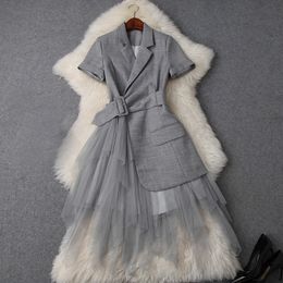 2022 printemps été élégant à manches courtes revers cranté couleur Pure dentelle lambrissé longue robe Maxi robes décontractées W0716T9748
