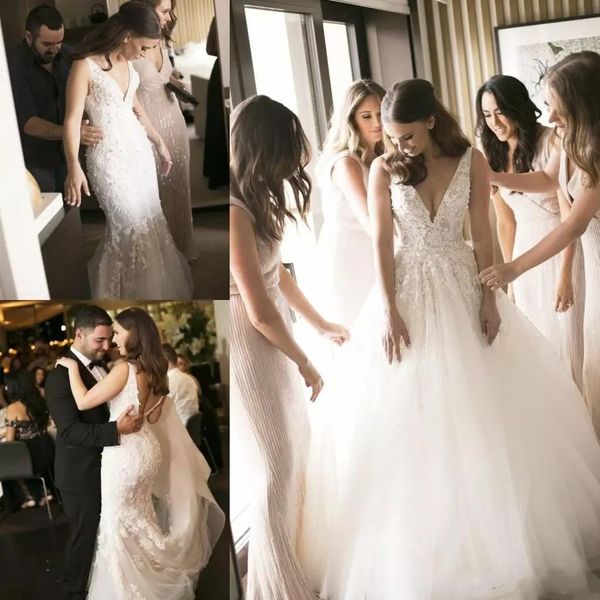 2020 Steven Khalil Deux Pièces 2 en 1 Robes De Mariée Sirène Avec Detecahble Jupe Train Perles Robes De Mariée Plus La Taille Pas Cher Livraison Gratuite