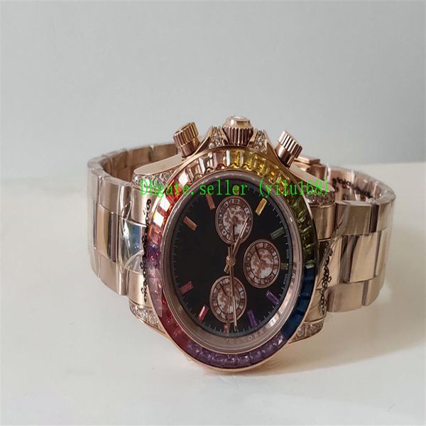 2019 Style hommes Montres 40mm 116595 RBOW Rainbow No Chronograph 116595 Lunette en diamant Cadran noir Bande en or rose Mécanique Automat201J