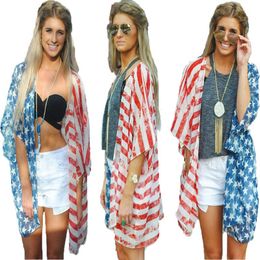 2019 Summer Beach Kimono Femmes Blouse Chemises Drapeau Américain Étoile Rayé Imprimé Manches Chauve-Souris Casual Lâche Femme Cardigan Long Top