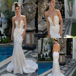 2019 Summer Berta Mermaid Vestidos de novia Sweetheart Sweep Train Beaded Luxury Beach Vestidos de novia Apliques florales 3D Vestido de novia sin espalda