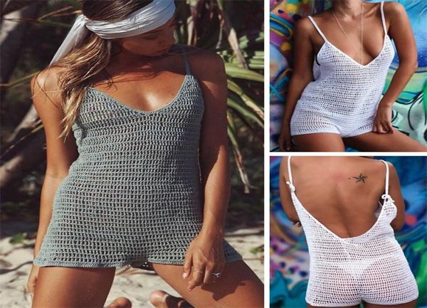 2019 Summer Fishnet Beach Wear Bikini Cover Up Crochet Punto Sexy Mujer Vestido de playa Túnica Algodón blanco Traje de baño Encubrimientos Malla Y4105987