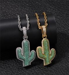 Collier Cactus vert d'été pour hommes, Zircon cubique glacé, plaqué or blanc, bijoux Hip Hop, cadeau, 2019, 9628305