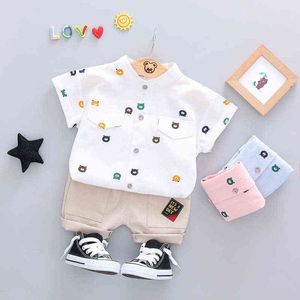 2019 zomer hot peuter kinderen cool baby jongen single-breasted afdrukken korte mouw shirt tops broek 2 stks outfits kleding set G220310