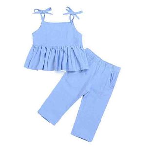 Vêtements d'été pour bébés filles, haut à volants, col licou, Mini robe + pantalon Long, bleu, tenues pour enfants de 1 à 6 ans, 2019