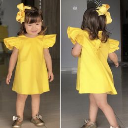 2020 été infantile enfants bébé filles robes vêtements mouche manches solide arc robe vêtements robes princesse robe fille costume