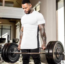 2019 Verano Hombres Gimnasio Camiseta de manga corta Camiseta Fitness Culturismo Masculino Corto Algodón Correr color de costura Camiseta deportiva Tops 4 colores