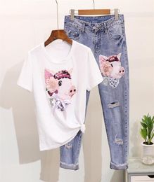 2019 Summer Femmes Per perle dessin animé Pig T-shirts Jeans Suits décontractés à manches courtes pantalons Tshirt Calflagth Hole Denim Pants Set22742529010