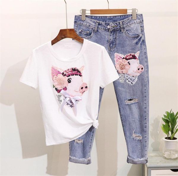 2019 Summer Women Beading Camisetas de cerdo de dibujos animados Jeans Suits Casual manga corta lentejuelas de manga calflengghing pantalones de mezclilla set22747591434