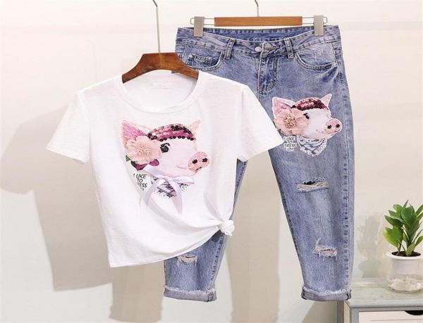 2019 Summer Women Beading Camisetas de cerdo de dibujos animados Jeans Suits Casual Sweep Slewin Sequins Tshirt Calflenggth Hole Denim Pants set22747527611