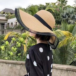 2019 Zon Hoeden Vrouwen Meisjes Brede Rand Floppy Strooien Hoed Zomer Bohemen Strand Cap Lint Chapeau Femme Ete Zwart