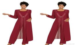 2019 Driedelige Crimson moeder van de bruid broekpakken met jasje chiffon op maat gemaakte bruiloftsgastjurk met lange mouwen Outfit1126612