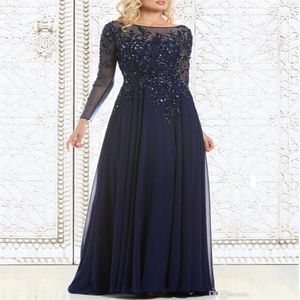 2019 best verkopende elegante marineblauwe moeder van de bruid jurken chiffon doorzichtige lange mouwen doorzichtige hals appliques pailletten Evenin231s
