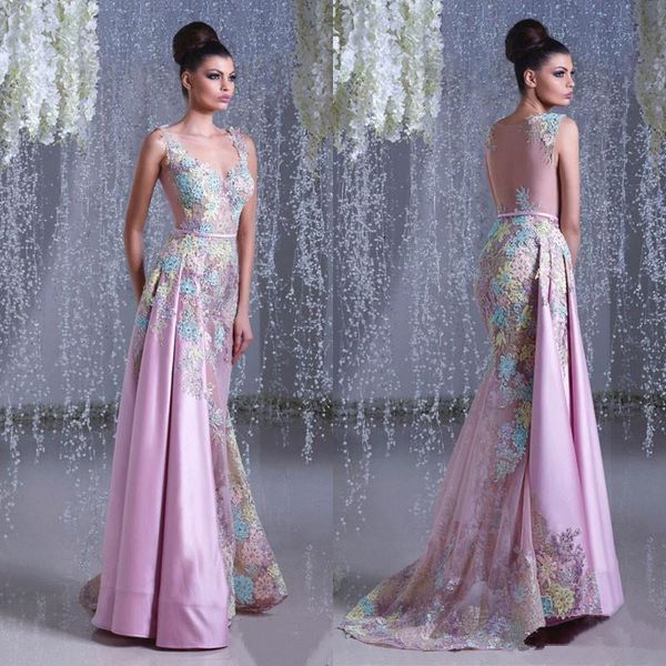 2019 Toumajean Couture Sheer Backless vestidos de noche sirena con cuello en V colorido con cuentas vestidos de baile hasta el suelo vestido de noche de tul 4033