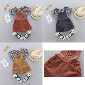 2019 Tendance Style Summer Cotton Stripe Round Round Little Bear Mather avec une manche courte et des bretelles Biscons deux pièces pour les garçons et les filles