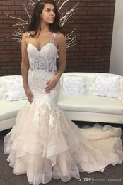 Trendy Mermaid Trouwjurken Spaghetti Backless Sweep Train Applicaties Tuin Land Kapel Bruidsjurken Vestido de Novia