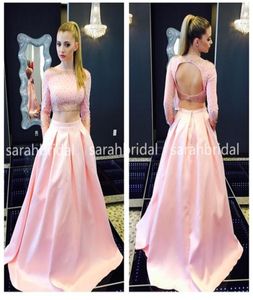 2019 Tweede stuk roze satijnen prom -jurken met Bateau Neck Long Sleeve sleutelgat Backless Crop Top Marine Ball Pockets Jurken Plus Maat 7709954