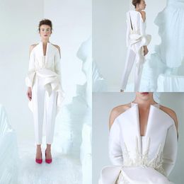 2019 Unique Design Blanc Robes De Soirée Col En V Manches Longues En Dentelle Appliques Perles Custom Made Prom Robe De Mariée Robes De Fiançailles