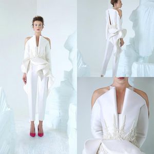2019 Diseño único Vestidos de noche blancos Cuello en V Manga larga Apliques de encaje Cuentas por encargo Vestido de novia Vestidos de compromiso