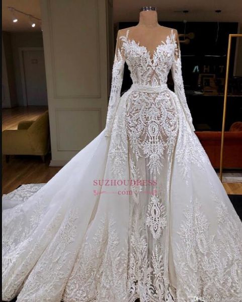 2019 Unique Robe De Mariée Sirène À Manches Longues Avec Train Détachable De Luxe Dubaï Arabe Gaine Dentelle Appliqued Robe De Mariée Sur Mesure