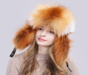 2019 unisex winter Russische echte vossen hoed warme zachte kwaliteit echte wasbeer bekken bommenwerpers cap luxe echte schapenvacht lederen hoeden9314618