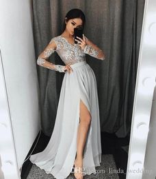 2019 V Col à manches longues Prom Dobture Une ligne divisée Holidays Formels Wear Graduation Evening Party Robe Made personnalisé plus taille1752449