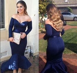 2019 v nek arabische formele prom jurken marineblauw off schouder lange mouwen zeemeermin backless avondjurken ruches vlek hi lo pageant jurk