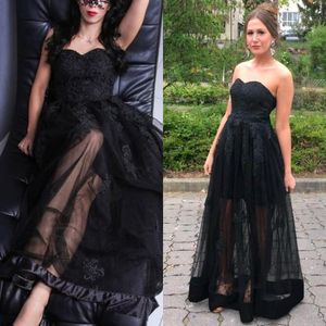 2019 vintage zwarte prom jurken lieverd mouwloze kant appliques zachte tule zie door rok vloer lengte avond feestjurken formeel