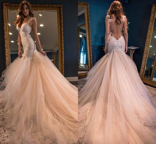 2022 Vintage Blush Pink Sirena Vestidos de novia Correas Cariño Princesa Sin respaldo Falda de tul de encaje Espalda abierta Vestidos de boda elegantes de Boho