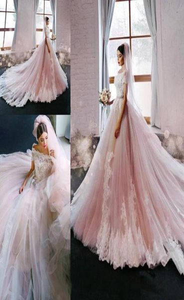 2019 Vintage Blush Pink Princess ALine Vestidos de novia con hombros descubiertos Mangas casquillo Apliques de encaje Vestidos de novia de lujo Tallas grandes 7268148