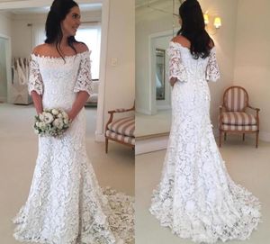 2019 Vintage Bohemian A Line Beach Marid Robes de mariée hors de l'épaule en dentelle complète à moitié manches country Style Bridal Robes pas cher6883016