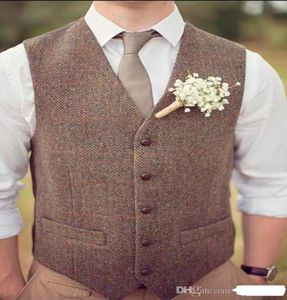 2019 Vintage Bruin Tweed Vest Wol Visgraat Bruidegom Vesten Britse Stijl Heren Pak Vesten Slim Fit Heren Jurk Vest Aangepaste Bruiloft W7478255