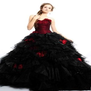 2019 Vintage Bourgondische Gotische plus size baljurk trouwjurken bruidsjurken strapless bloemen zwart en rood tulle Halloween Party Dre 276U