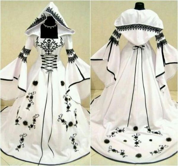 Vintage Vintage Celtic Vestidos de novia en blanco y negro con sombrero Una línea Vestidos de novia únicos con exquisito bordado corsé superior custO1129170