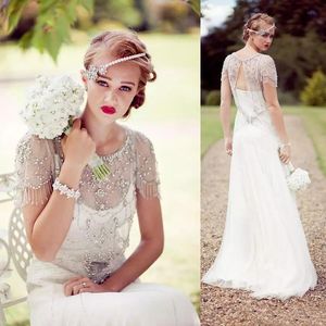 Vintage Great Gatsby Sparkly Crystal Beach Wedding Jurken Jenny Packham Cap Sleeve Country Bruids Thought Trows Bridale Jurken