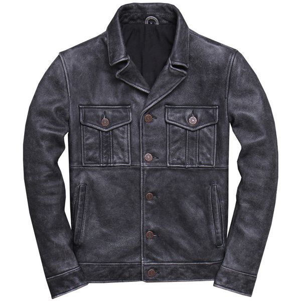 2019 Vintage gris hommes Style décontracté américain veste en cuir grande taille XXXL véritable peau de vache printemps court manteau en cuir naturel