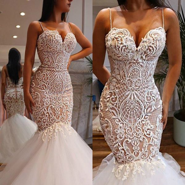 2020 dentelle sirène robes De mariée Spaghetti sangle chérie décolleté robes De mariée trompette robe De mariée perles Vestido De Novia