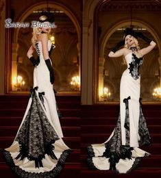 2019 Vintage longue robe de mariée sirène en satin blanc nœuds en dentelle noire tenue de soirée sexy robe formelle haut de gamme Boutique de mariage2440488
