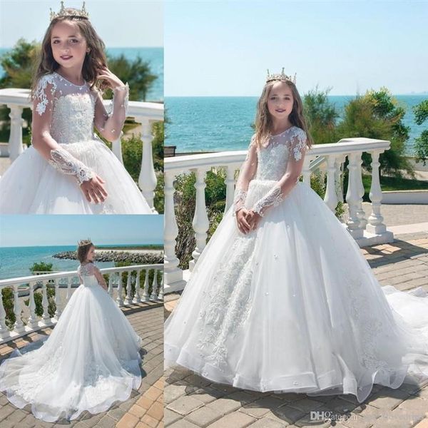 2019 Vintage Sheer Jewel Lace Appliques Tulle Vestido de primera comunión Vestido de fiesta Manga larga Vestidos de niña de flores con Pearls245P