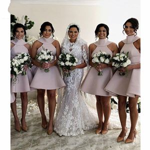 2019 vintage korte bruidsmeisje jurken hoge hals sexy v backless grote boog satijn feestjurk bruiloft gasten jurk bruidsjurk voor meisjes goedkoop