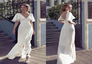 2019 Vintage V Neck Sheath Beach Wedding Jurken Voorkant Split Backless Bruidal Jurk vloer Lengte Bruid Jurk Custom8123916