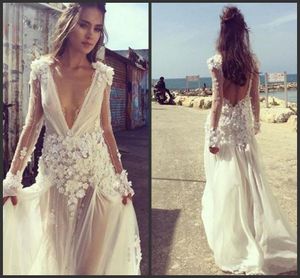 2019 vintage trouwjurken plunging v-hals lange mouwen bruidsjurken vloer lengte kristal parels vestidos de trouwjurk gewaad de mariée