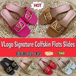 met doos Dames platte slides designer pantoffels VLogo Signature Kalfsleer Flats Slide Sandalen zomer strand Effen pantoffel Scuffs luxe sandaal wit zwart rood Patent