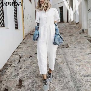 2019 Vonda dames jumpsuit zomer romper sexy korte mouw knop rechte playsuit casual katoen playsuit ol overalls plus size t200303