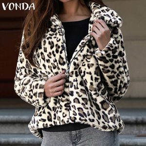 2019 VONDA Mode féminine à manches longues Casual chaud Vestes en polaire imprimé léopard Cardigan surdimensionné hiver fausse fourrure manteaux d'extérieur T200111