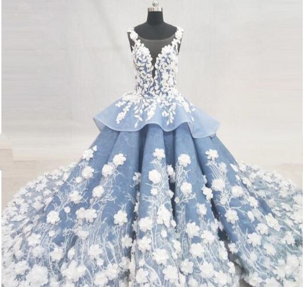 2019 blanc et bleu saphir Scoop Cap manches volants robe de mariée robe de mariée pakistanaise robe de mariée indienne avec 3D Folwers
