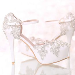Witte bruids trouwjurk schoenen met enkelriemen 12 cm ronde neus Crystal bruid schoenen platform formele jurk schoenen Prom feestpompen